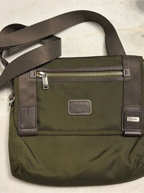 Tumi Olive Green Messenger Bag with Brown Trim